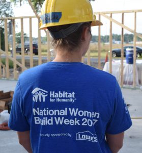 up close picture of the back of the National Women Build 2017 tee shirt