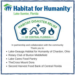 In partnership and collaboration with the community thank you to: Lake-Geauga Habitat for Humanity of Chardon Ohio, Rotary Club of Burton Middlefield, Lake Cares Food Pantry, TheCross Mount Dora, and Second Harvest Food Bank of Central Florida