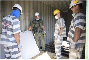 Lake County Master Deputy Dave Wolniak works alongside inmates in the construction academy who are build housing units to send to the Bahamas [Cindy Sharp/Correspondent]