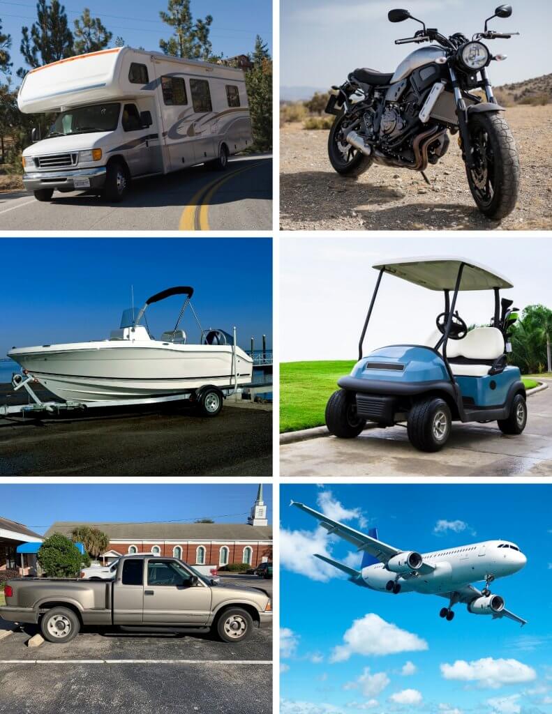 RV, motorcycle, boat, golf cart, truck, airplane