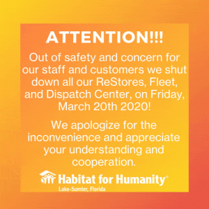 Attention! Out of safety and concern for our staff and customers we shut down all our ReStores, Fleet, and Dispatch Center, on Friday, March 20th, 2020! We apologize for the inconvenience and appreciate your understanding and cooperation.